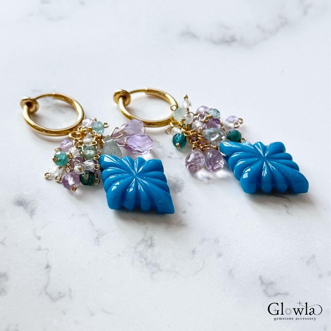 夏色練りターコイズのローゼンジカービングの14kgfピアス/16kgpイヤリング