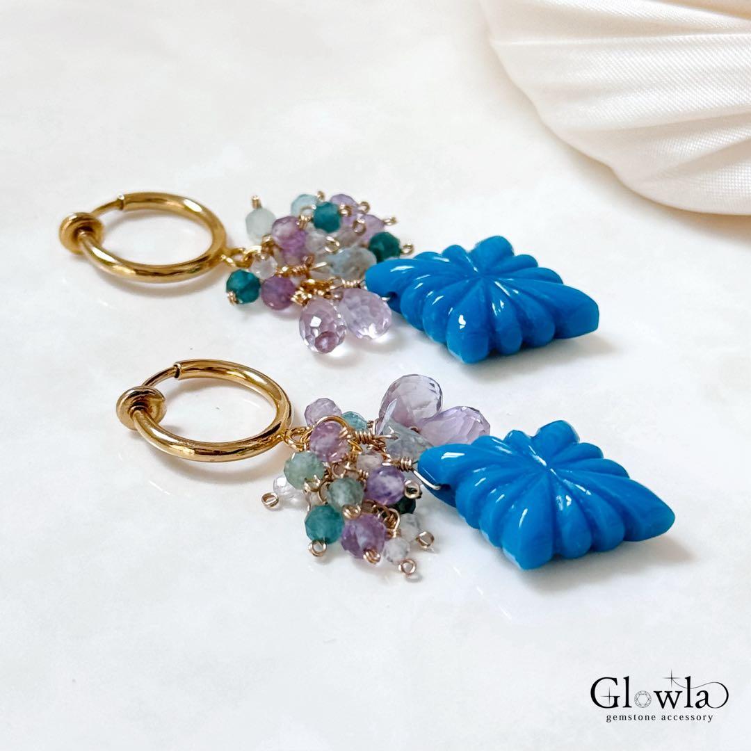 夏色練りターコイズのローゼンジカービングの14kgfピアス/16kgpイヤリング