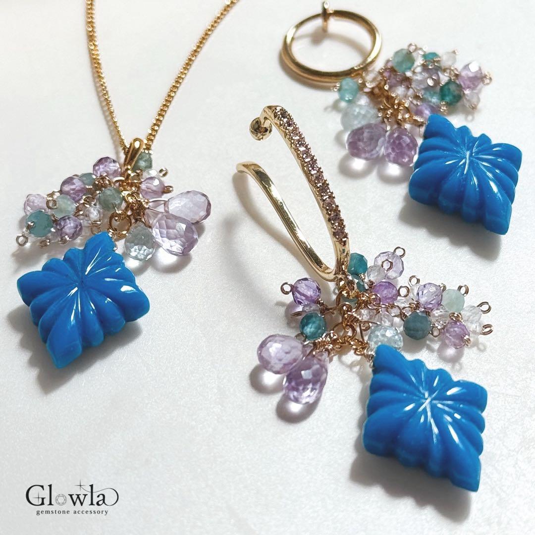 夏色練りターコイズのローゼンジカービングの14kgfピアス/16kgpイヤリング