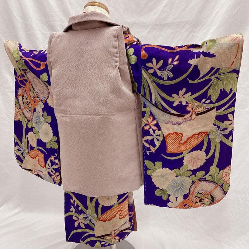 503ag81◎七五三 三歳 女の子 アンティーク着物&被布 濃い紫◎