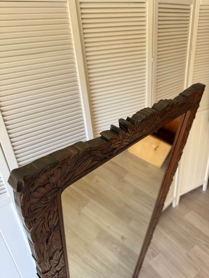 美品 軽井沢彫 軽井沢彫 鏡 姿見 スタンドミラー