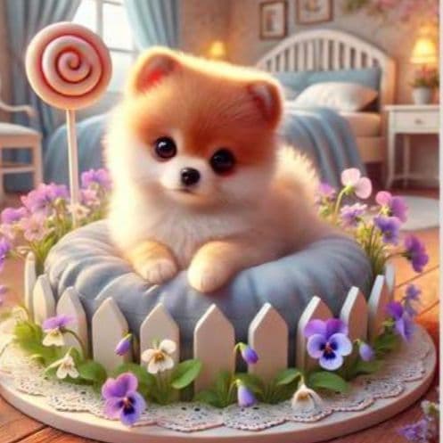 ビオラとロリポップポメラニアンパネル生地　ハンドメイド