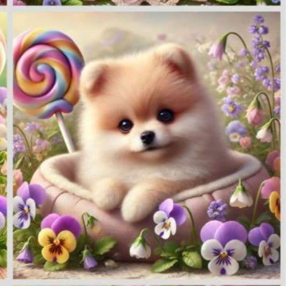 ビオラとロリポップポメラニアンパネル生地　ハンドメイド