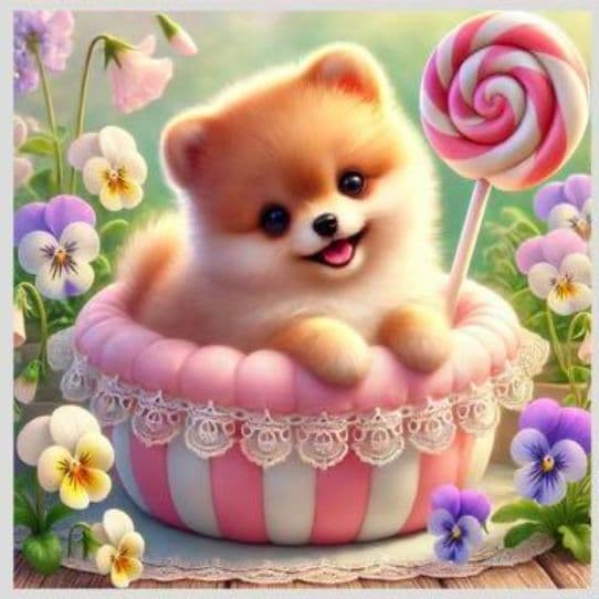 ビオラとロリポップポメラニアンパネル生地　ハンドメイド