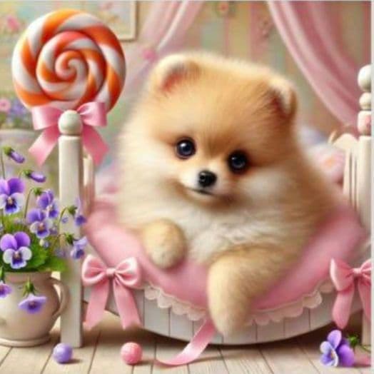 ビオラとロリポップポメラニアンパネル生地　ハンドメイド