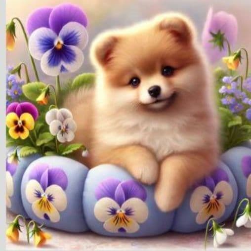 ビオラとロリポップポメラニアンパネル生地　ハンドメイド