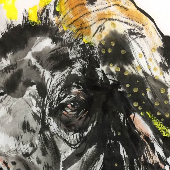 水牛、和紙33cm 24cm, 墨