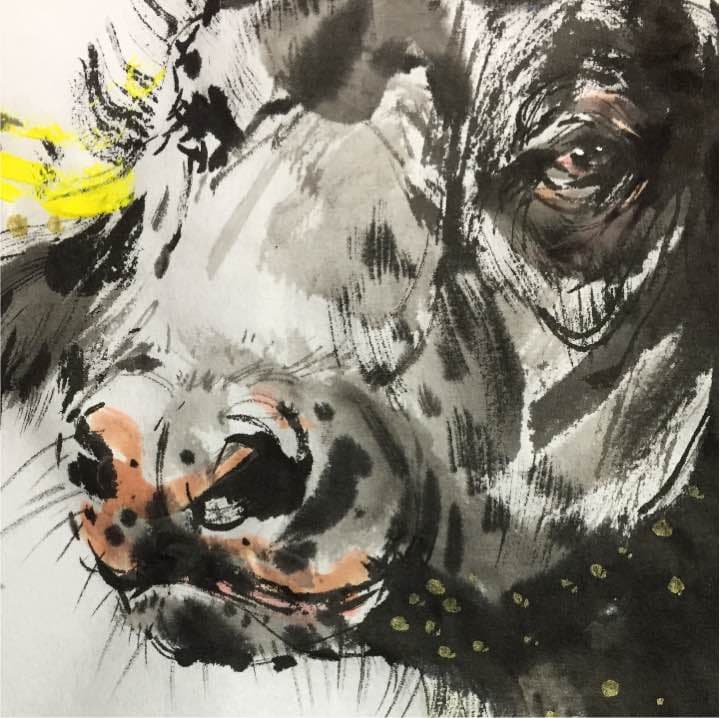 水牛、和紙33cm 24cm, 墨