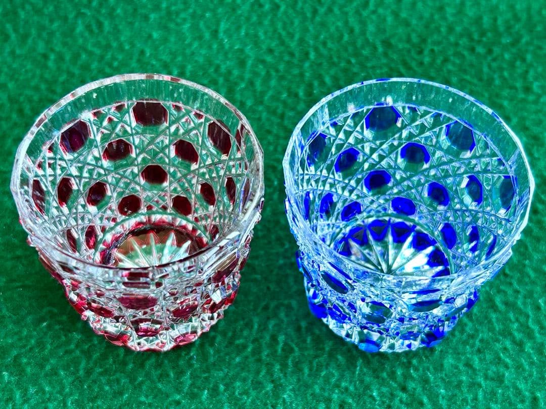 (新品未使用)HOYAクリスタル色被切子　グラス赤青 ペアセット木箱付き