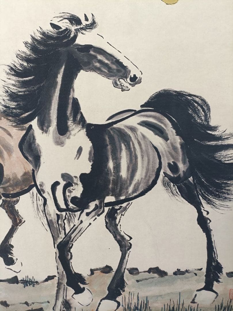 【徐悲鸿】双骏图 中国画 掛け軸 水墨画 和室 玄関 茶室 壁掛け 美術品