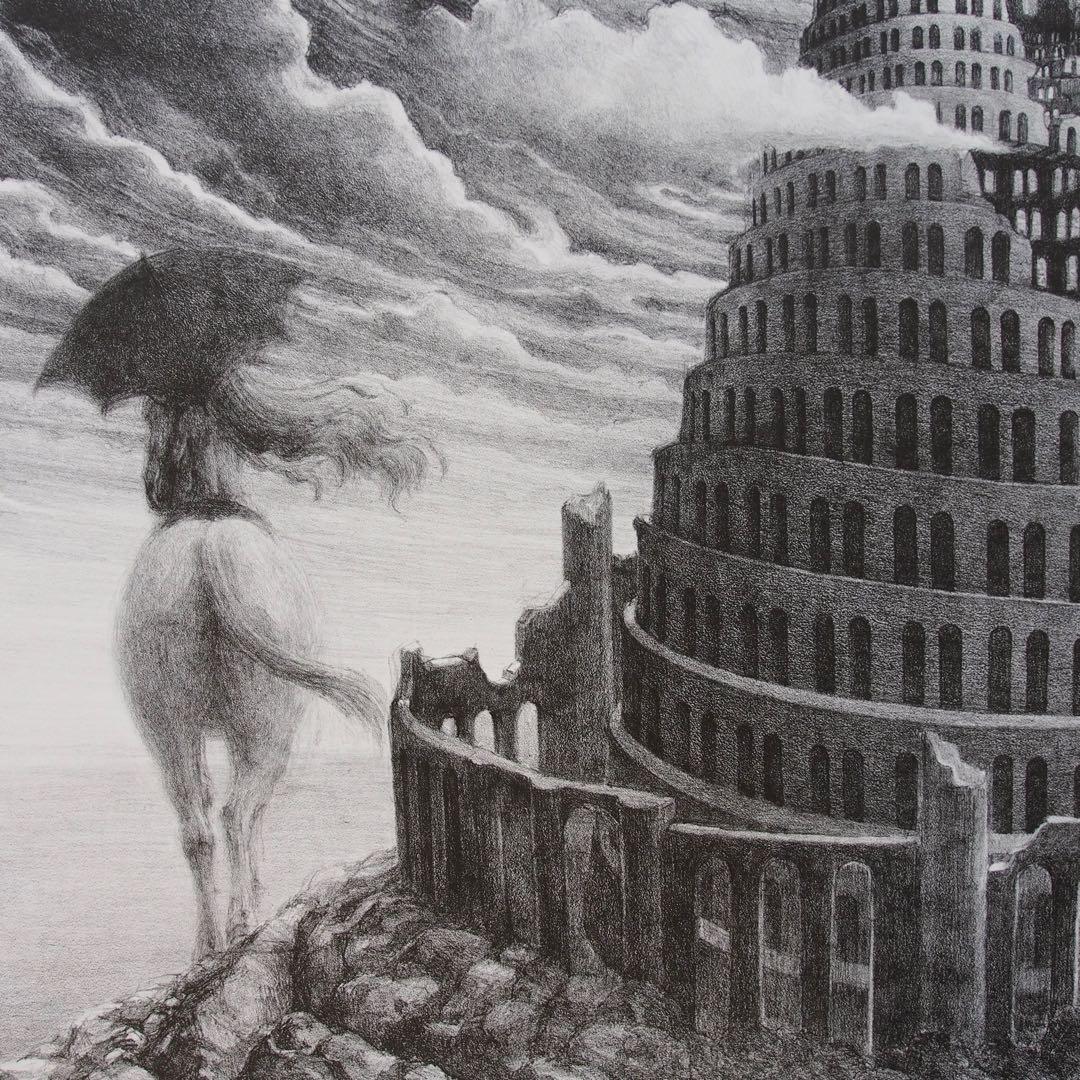 バベルの塔 作品 リトグラフ アート シュルレアリスム デッサン art LP