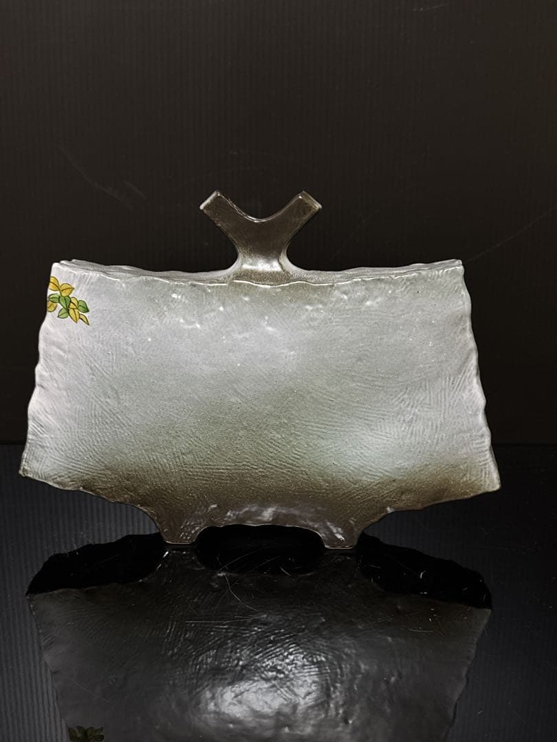 秀逸作 九谷焼 名人 山上義正 造 灰釉赤富士図 扁壺 花瓶 桐共箱 茶道具