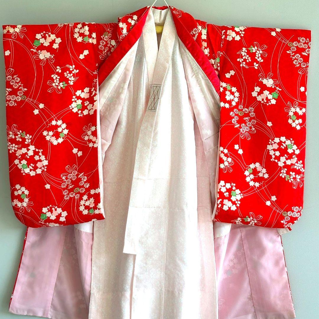 セット　七五三　３歳女の子　きもの　被布　長襦袢付　赤花柄　小物　7052