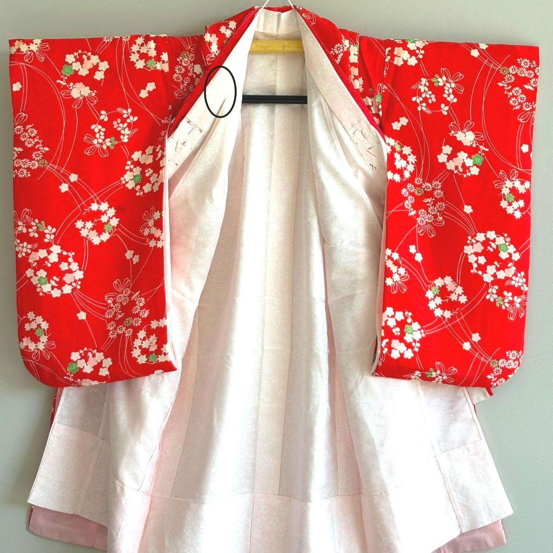セット　七五三　３歳女の子　きもの　被布　長襦袢付　赤花柄　小物　7052