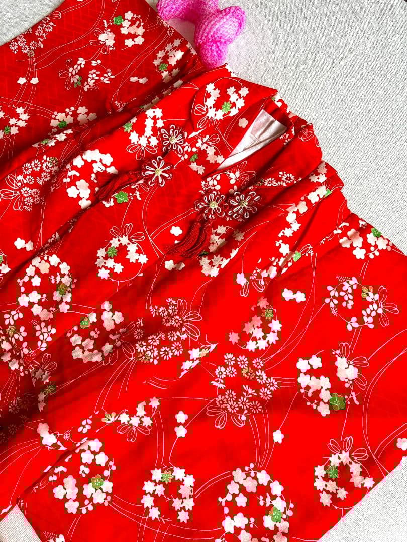セット　七五三　３歳女の子　きもの　被布　長襦袢付　赤花柄　小物　7052