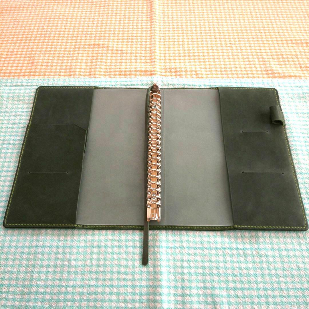 オイルワックスヌメ革 ダークグリーンレザーカバー、A5サイズ20穴 手帳セット