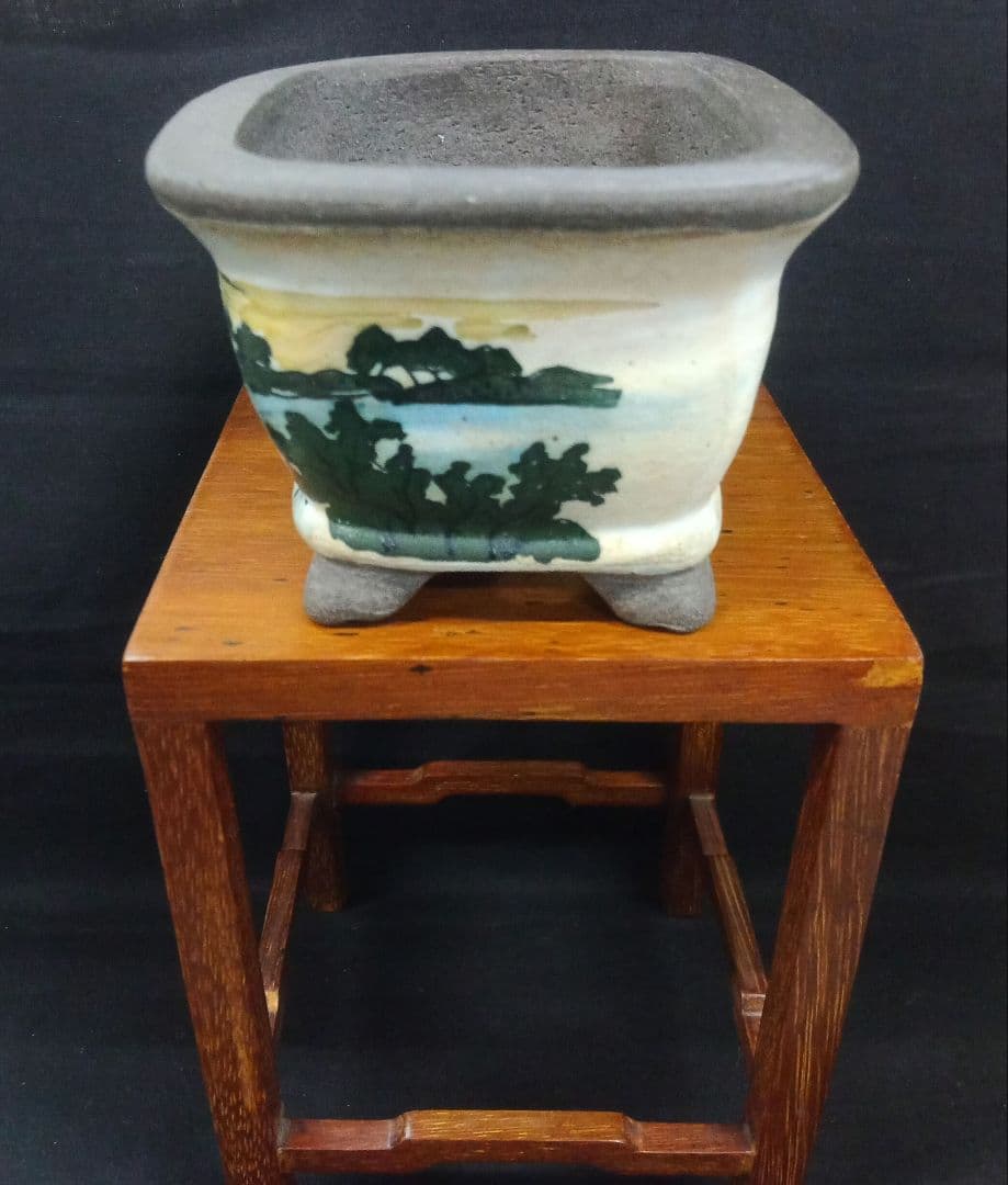 025.【 陶翠窯】 エン付長角足付３号盆栽鉢/植木鉢