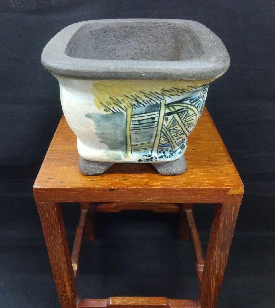 025.【 陶翠窯】 エン付長角足付３号盆栽鉢/植木鉢