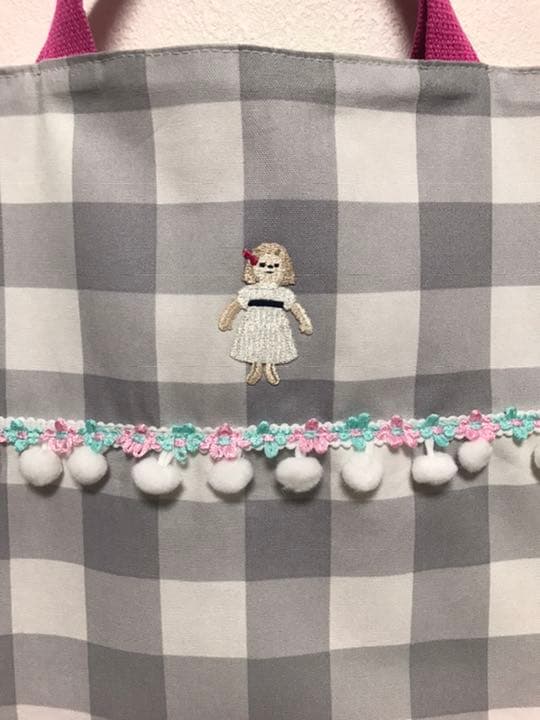 9 ギンガムチェック お花レッスンバッグ フリルバッグcheck&stripe