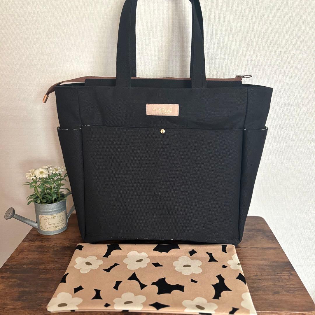 倉敷8号帆布サイドポケット付きトートバッグL ブラック×北欧花柄　ファスナー開閉