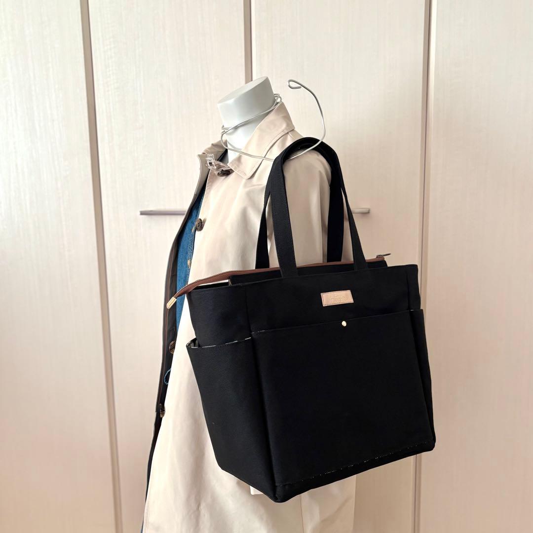 倉敷8号帆布サイドポケット付きトートバッグL ブラック×北欧花柄　ファスナー開閉