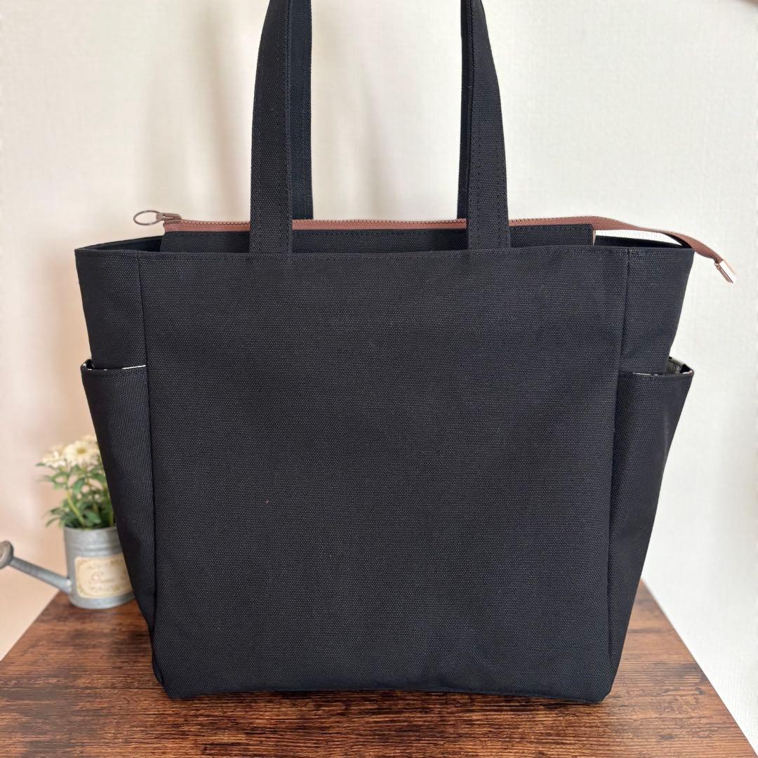倉敷8号帆布サイドポケット付きトートバッグL ブラック×北欧花柄　ファスナー開閉