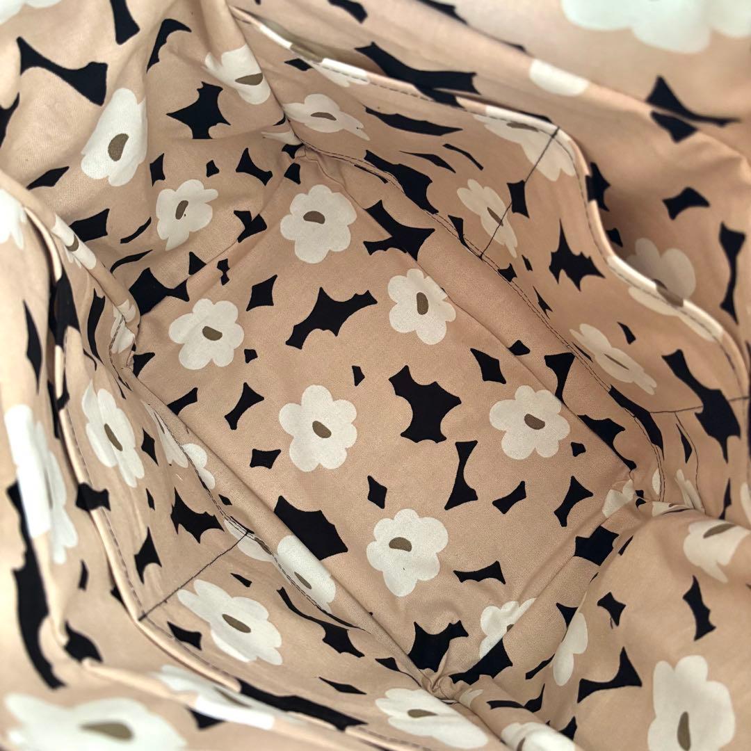 倉敷8号帆布サイドポケット付きトートバッグL ブラック×北欧花柄　ファスナー開閉