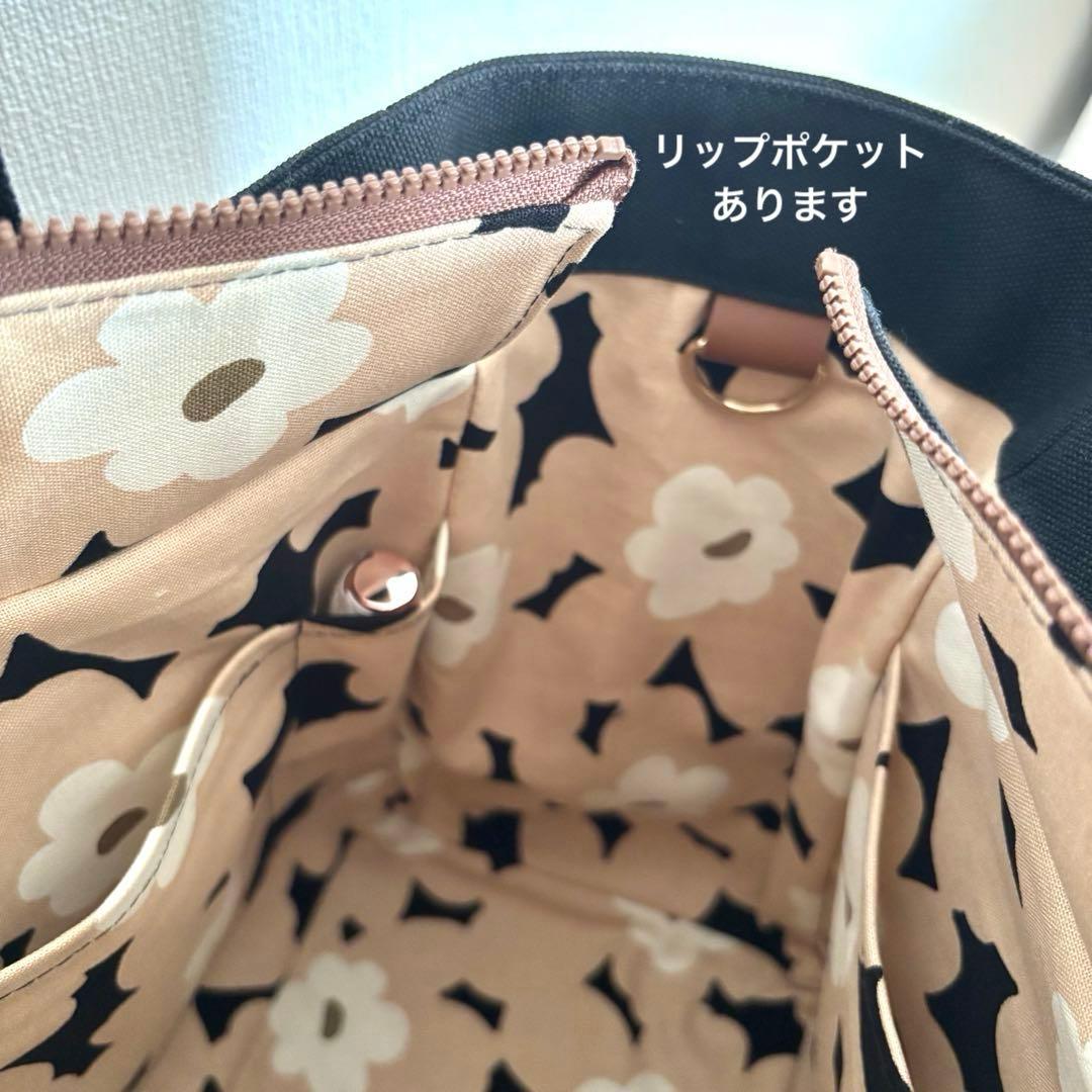 倉敷8号帆布サイドポケット付きトートバッグL ブラック×北欧花柄　ファスナー開閉