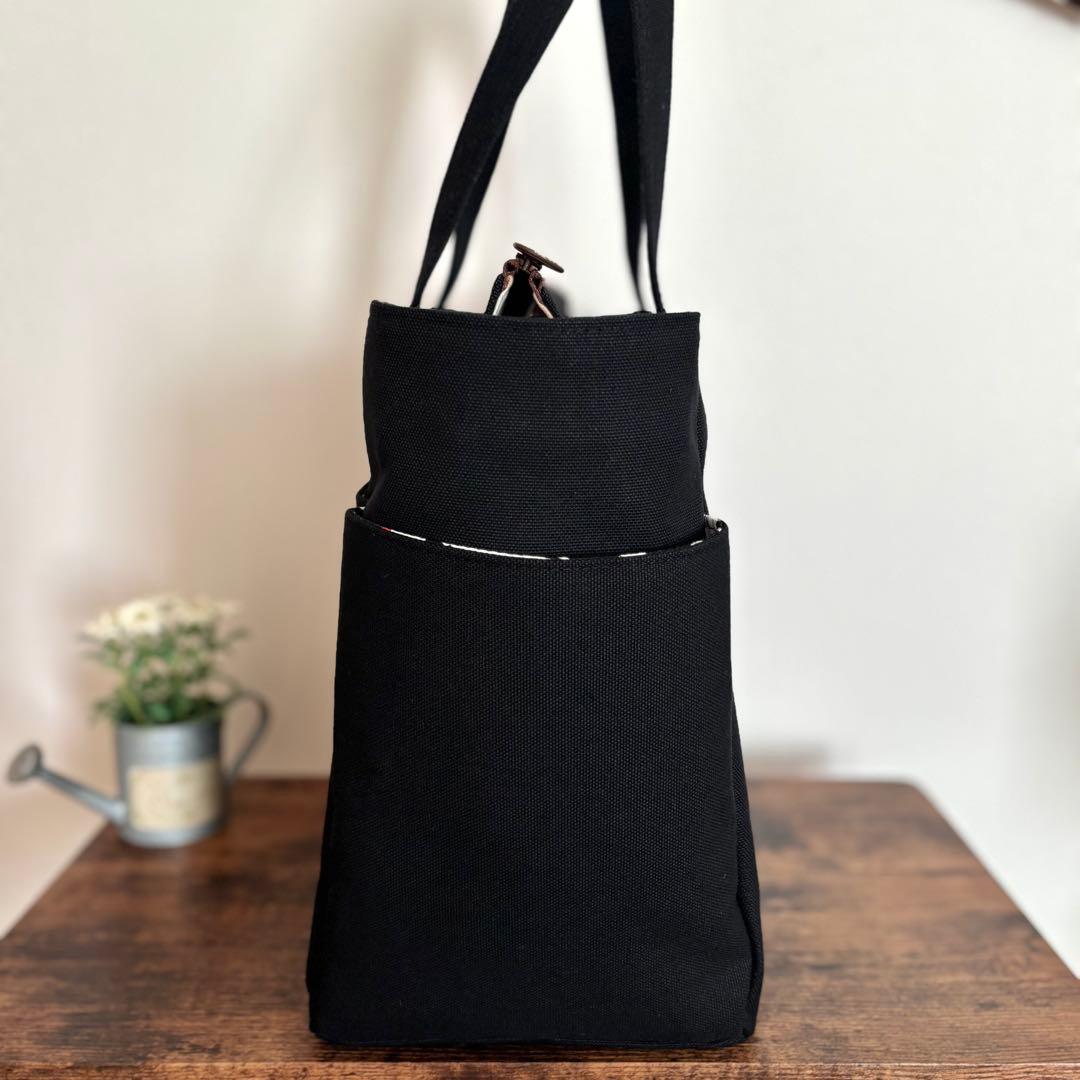 倉敷8号帆布サイドポケット付きトートバッグL ブラック×北欧花柄　ファスナー開閉