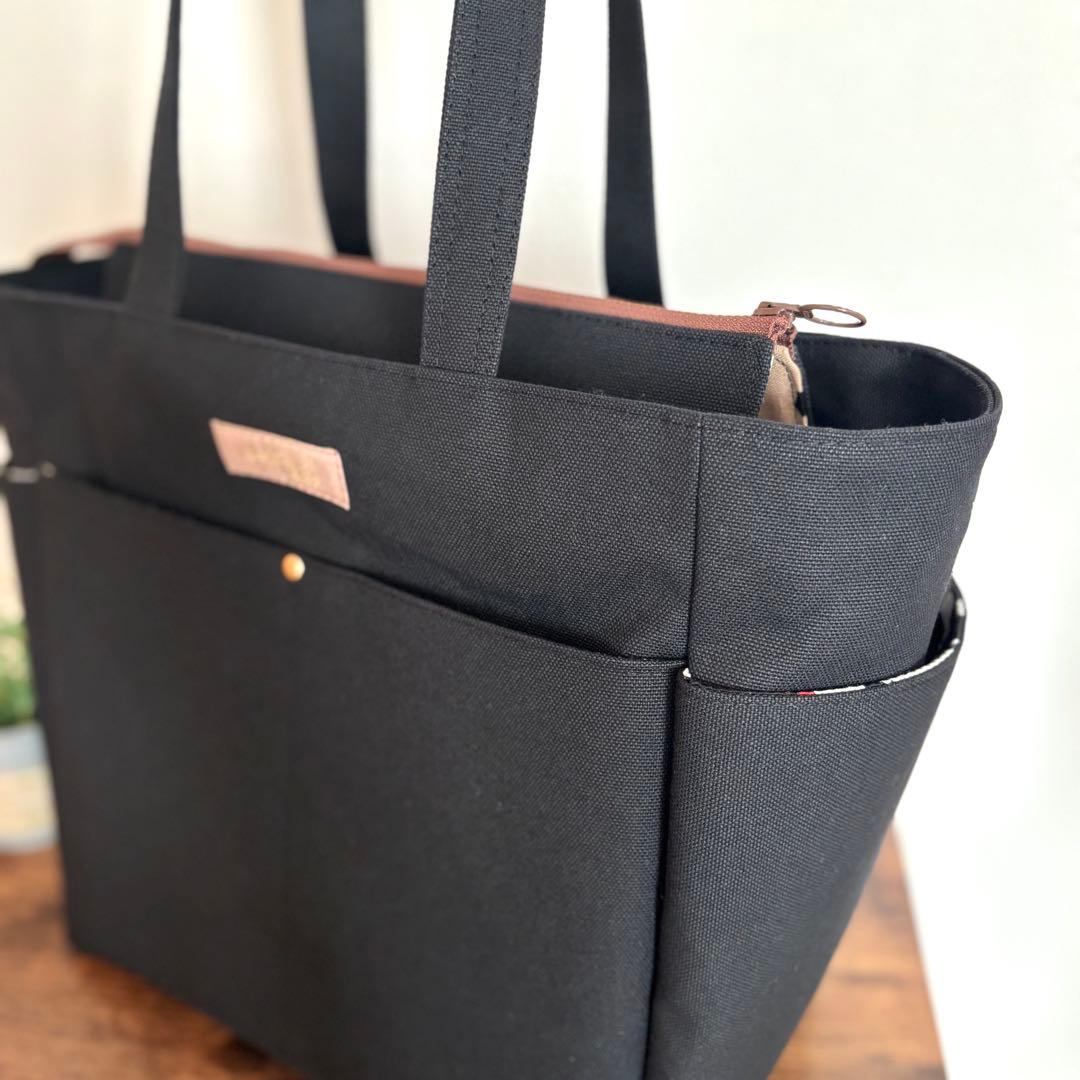 倉敷8号帆布サイドポケット付きトートバッグL ブラック×北欧花柄　ファスナー開閉