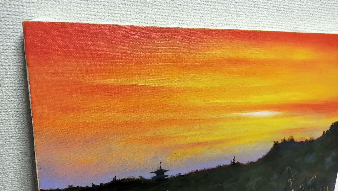 ◇s.koide 油彩画 夕焼けの法隆寺