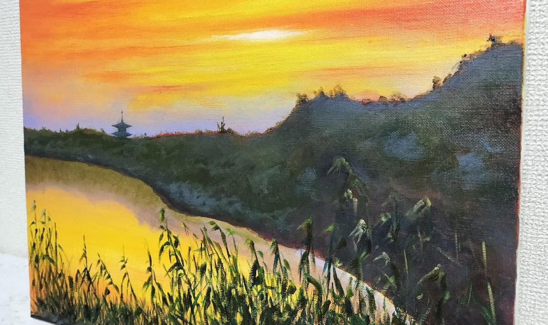 ◇s.koide 油彩画 夕焼けの法隆寺