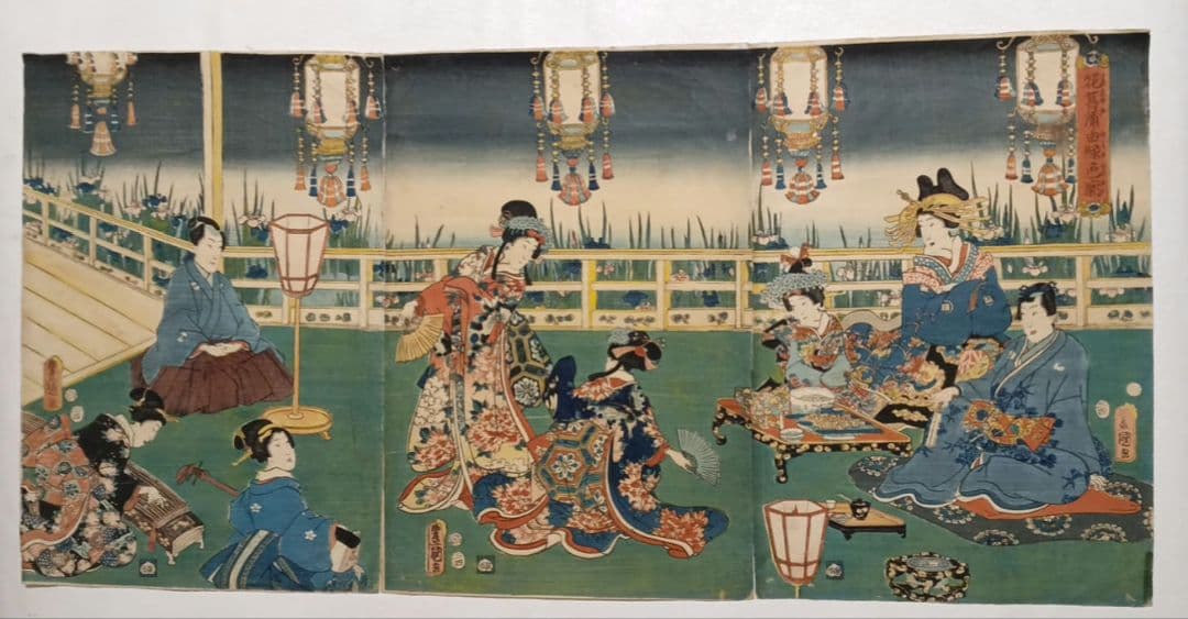浮世絵版画、花菖蒲由縁色廓三枚綴り 三代歌川豊国画安政四年出版No2