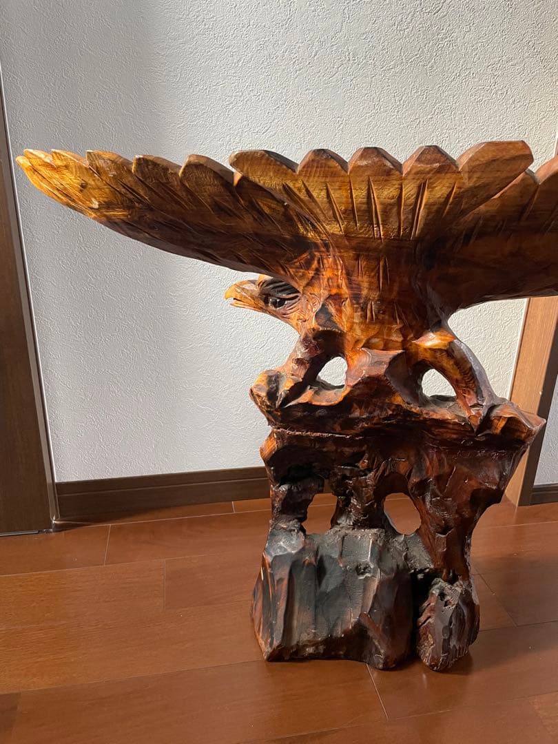2 木彫り 鷲 置物 一刀彫 彫刻芸術品 ヴィンテージ 民芸品 横幅80cm