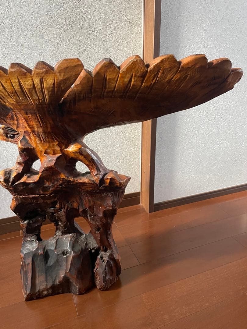 2 木彫り 鷲 置物 一刀彫 彫刻芸術品 ヴィンテージ 民芸品 横幅80cm