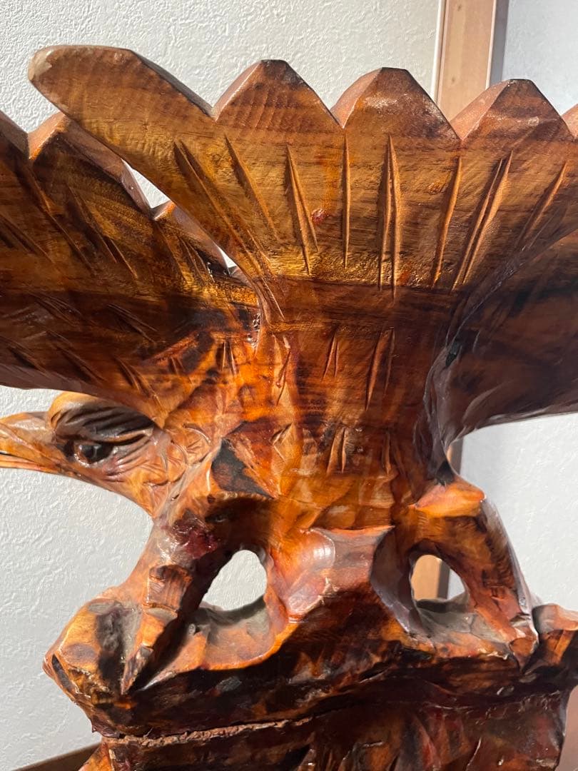 2 木彫り 鷲 置物 一刀彫 彫刻芸術品 ヴィンテージ 民芸品 横幅80cm