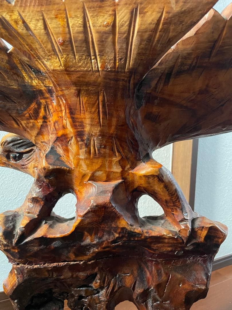 2 木彫り 鷲 置物 一刀彫 彫刻芸術品 ヴィンテージ 民芸品 横幅80cm