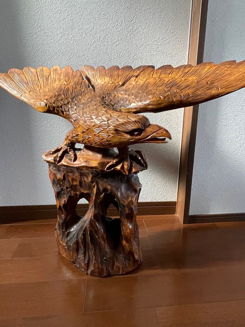 2 木彫り 鷲 置物 一刀彫 彫刻芸術品 ヴィンテージ 民芸品 横幅80cm