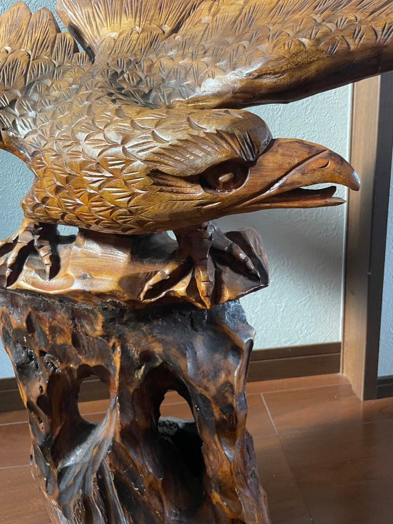 2 木彫り 鷲 置物 一刀彫 彫刻芸術品 ヴィンテージ 民芸品 横幅80cm