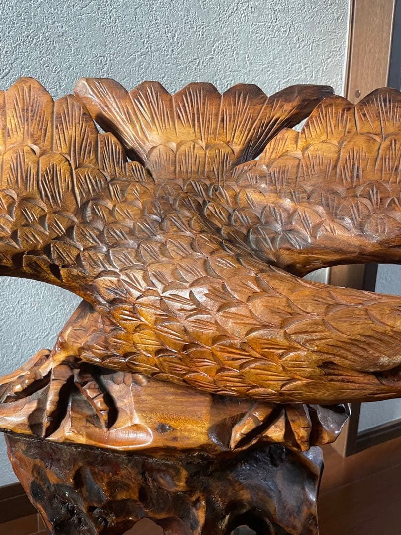 2 木彫り 鷲 置物 一刀彫 彫刻芸術品 ヴィンテージ 民芸品 横幅80cm