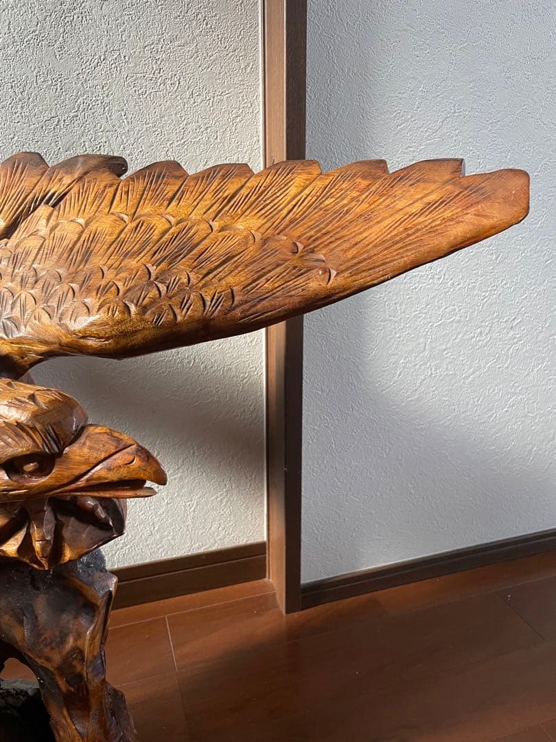 2 木彫り 鷲 置物 一刀彫 彫刻芸術品 ヴィンテージ 民芸品 横幅80cm