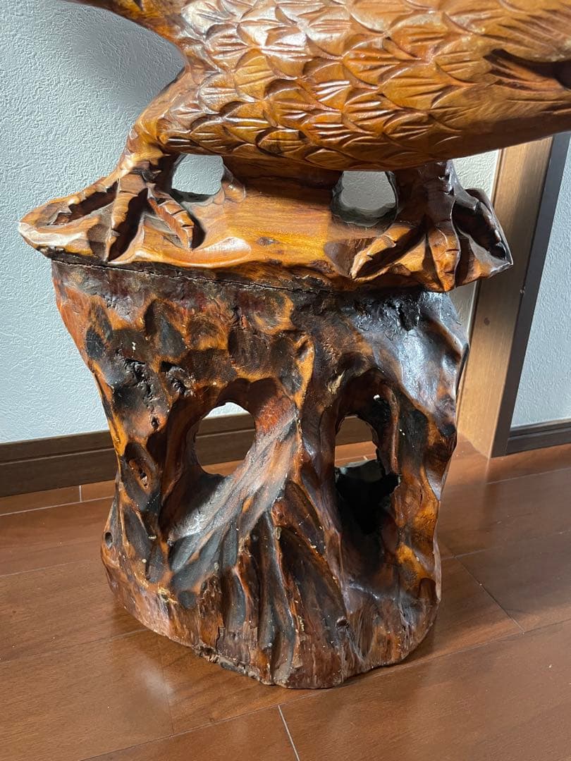 2 木彫り 鷲 置物 一刀彫 彫刻芸術品 ヴィンテージ 民芸品 横幅80cm