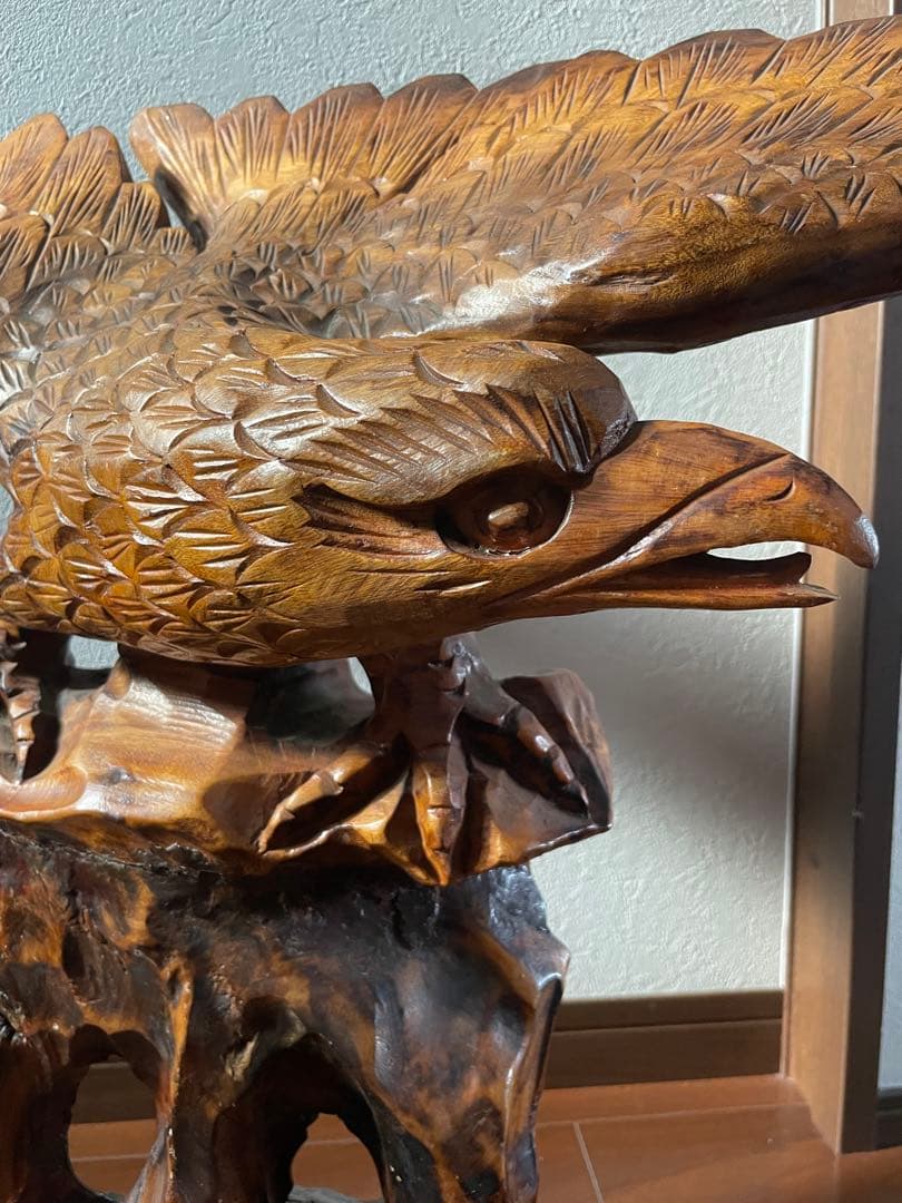 2 木彫り 鷲 置物 一刀彫 彫刻芸術品 ヴィンテージ 民芸品 横幅80cm