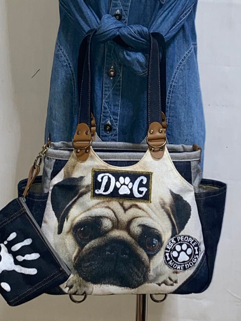 ☆岡山デニム&ステンシル☆パグ☆パグ☆リュック対応☆4wayあおりバッグ