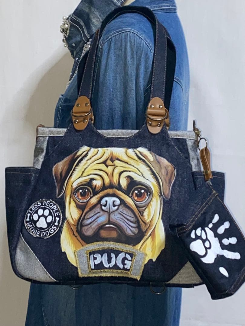 ☆岡山デニム&ステンシル☆パグ☆パグ☆リュック対応☆4wayあおりバッグ