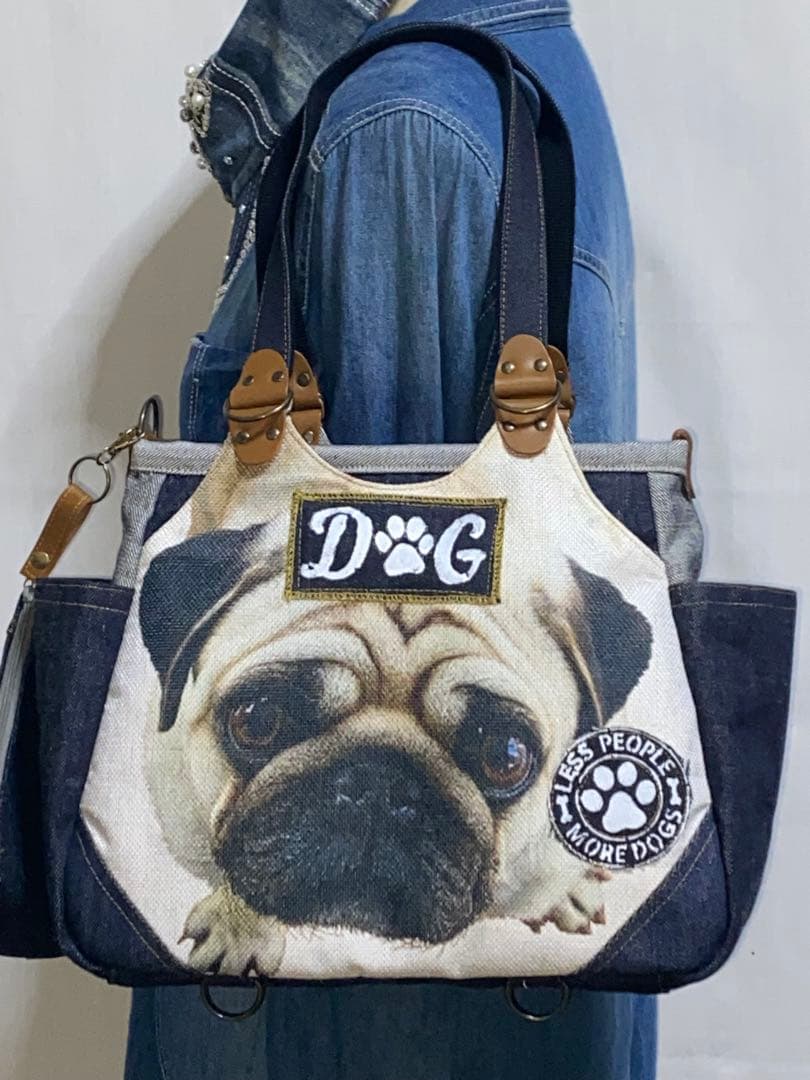 ☆岡山デニム&ステンシル☆パグ☆パグ☆リュック対応☆4wayあおりバッグ