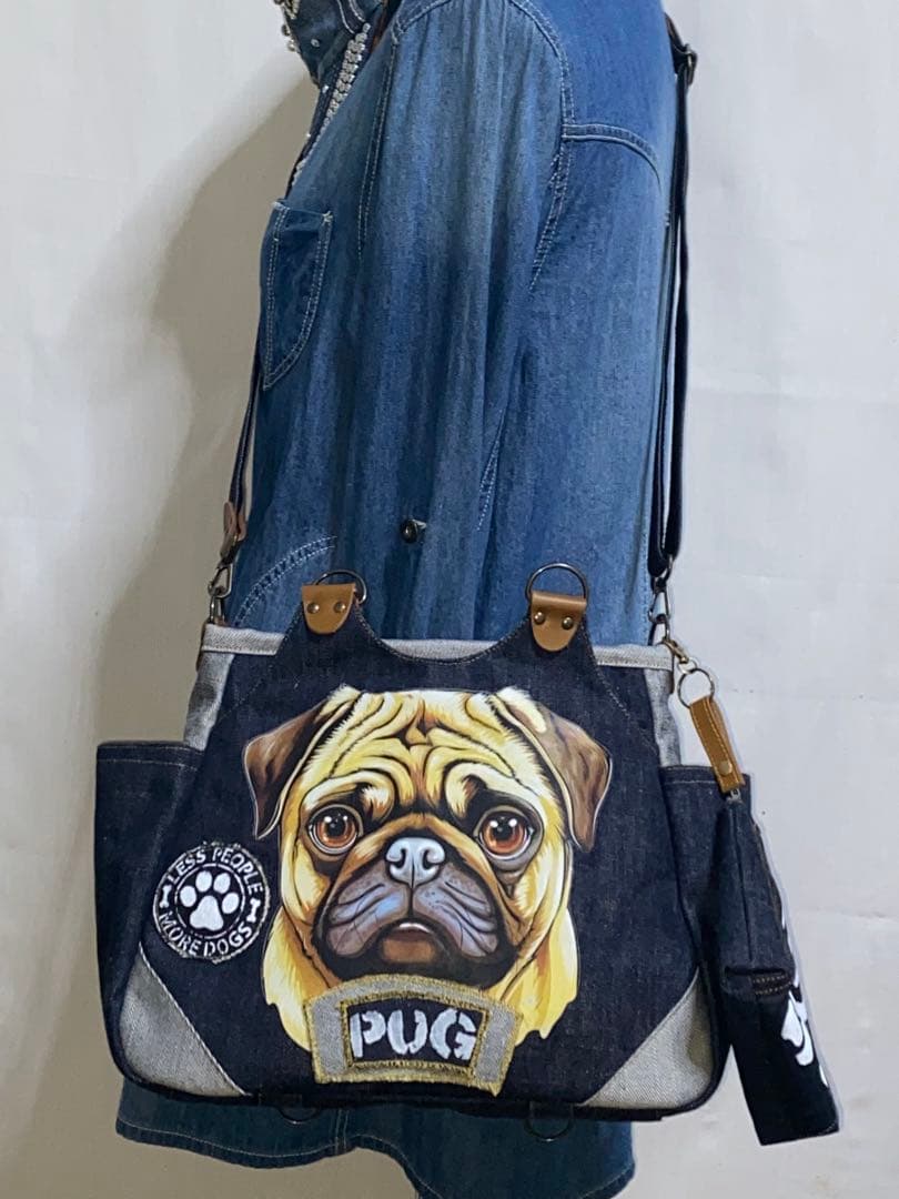 ☆岡山デニム&ステンシル☆パグ☆パグ☆リュック対応☆4wayあおりバッグ
