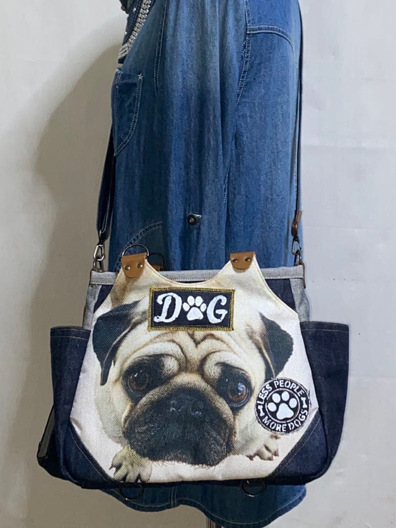 ☆岡山デニム&ステンシル☆パグ☆パグ☆リュック対応☆4wayあおりバッグ