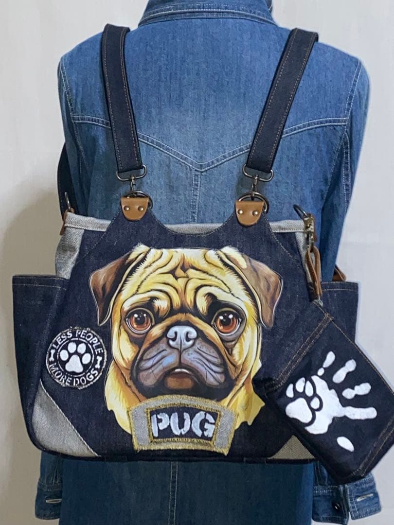 ☆岡山デニム&ステンシル☆パグ☆パグ☆リュック対応☆4wayあおりバッグ