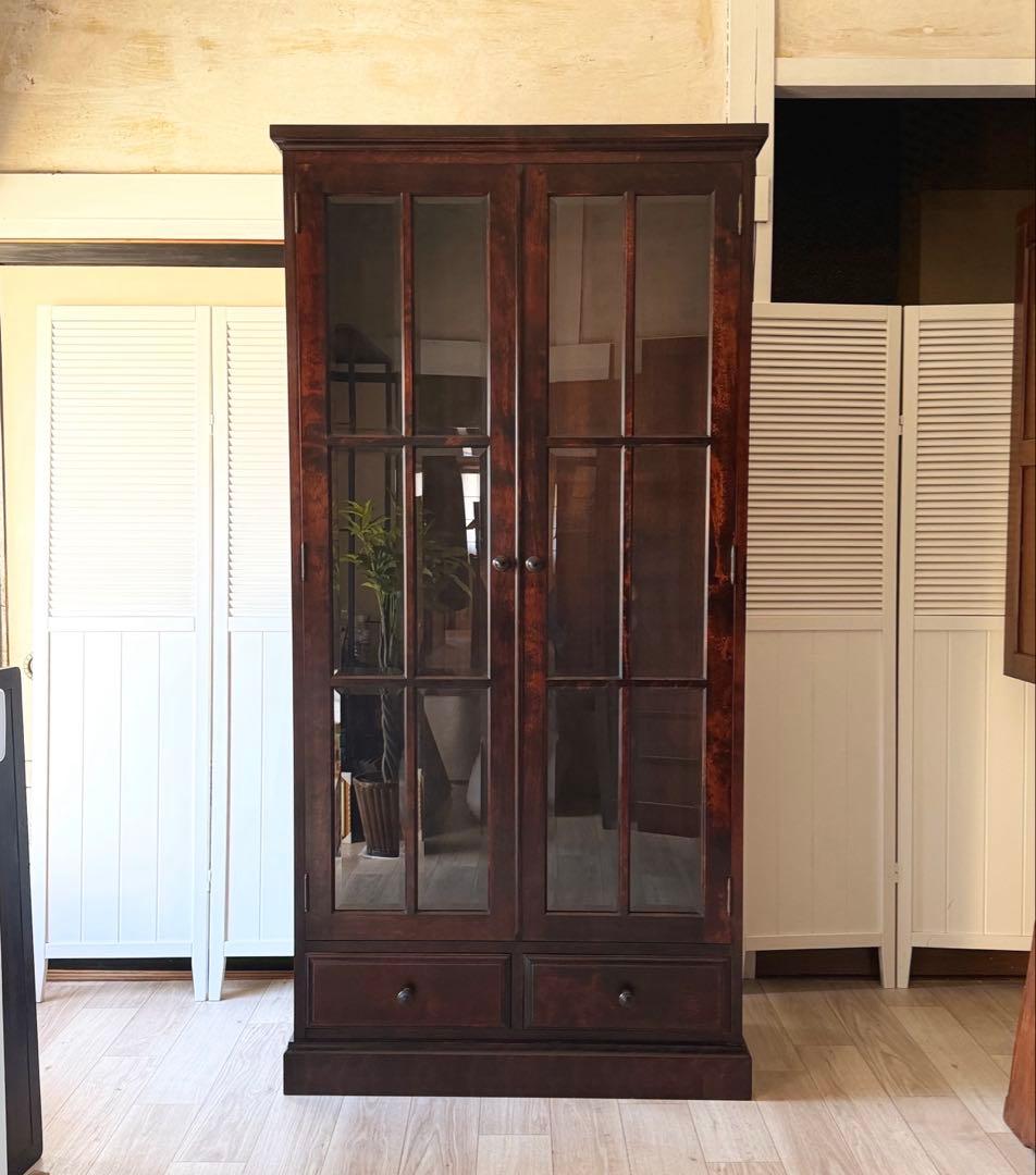 書棚 900 ふらの 観音開き 樺材 北海道民芸家具 ダークブラウン